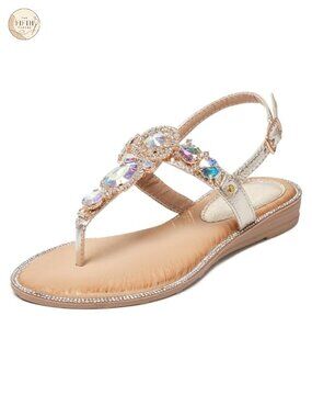 Rhinestone Flat Sandals T-Strap Adjustable Ankle Strap Faux Leather